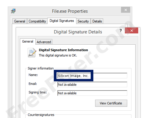 Screenshot of the Silicon Image, Inc. certificate